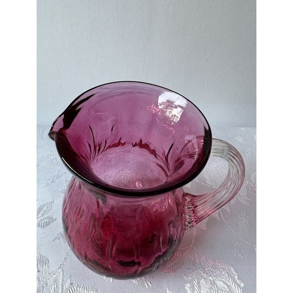 Vtg Pilgrim Cranberry Hand Blown Glass Applied Handle Creamer Pitcher - Picture 2 of 6